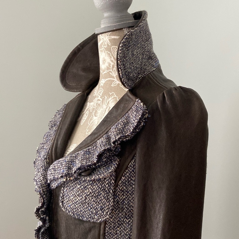 Tocca Leather Blazer Tweed Hourglass Notched Lapels Brown Blue Gray 4 Or S - Picture 3 of 17